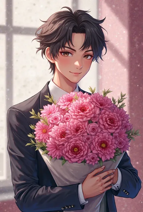 Casimir with a pink bde bouquet , Spell hello Sandrine en gros