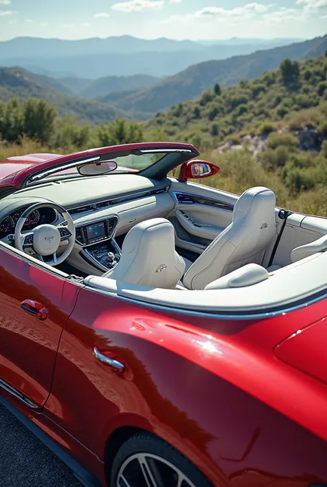 Volvagen red convertible with white seats decorated with blue light 