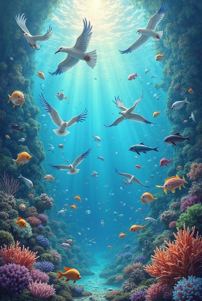 Show marine life and birds being created, , emphasizing the abundance and beauty of creation.