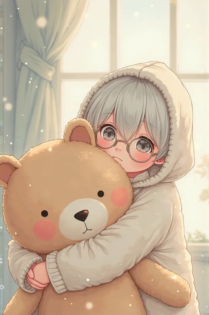 Boy wearing a bone-white lamb sweater and hood with white hair and glasses hugging a huge plush toy, anime image or drawing