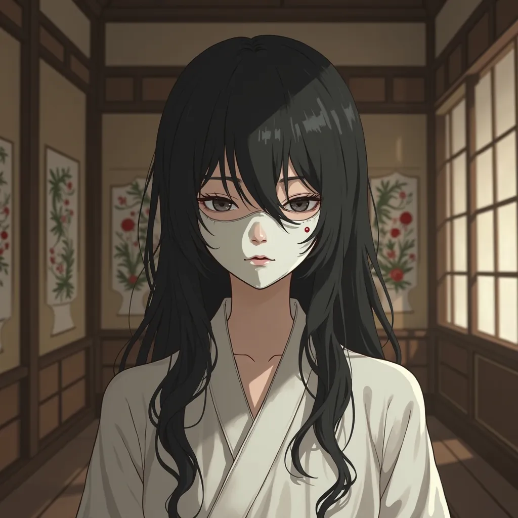 A slender and elegant girl, anime face. She wears a stylized white anime mask that covers her entire face, featuring minimalist Japanese art details in smooth black curves, with a central red dot adding a touch of intensity and visual balance. Her long, bl...