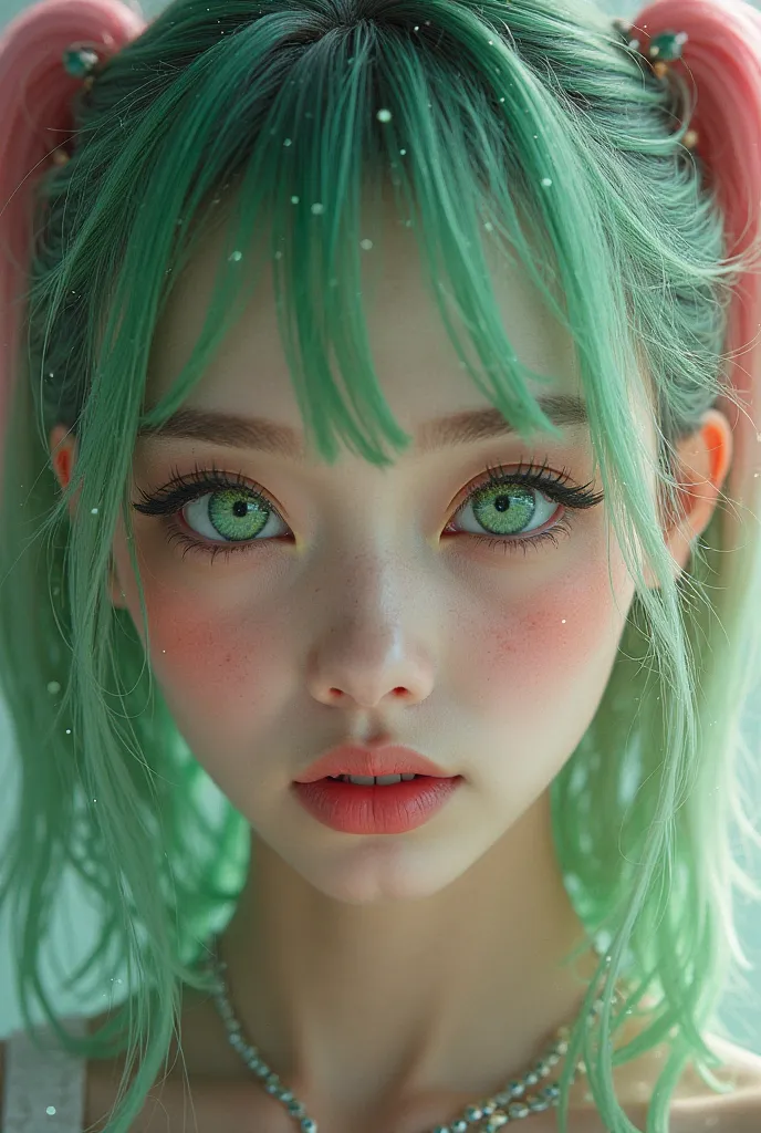 close up of a beautiful woman, green eyes, green/pink hairwith twintails