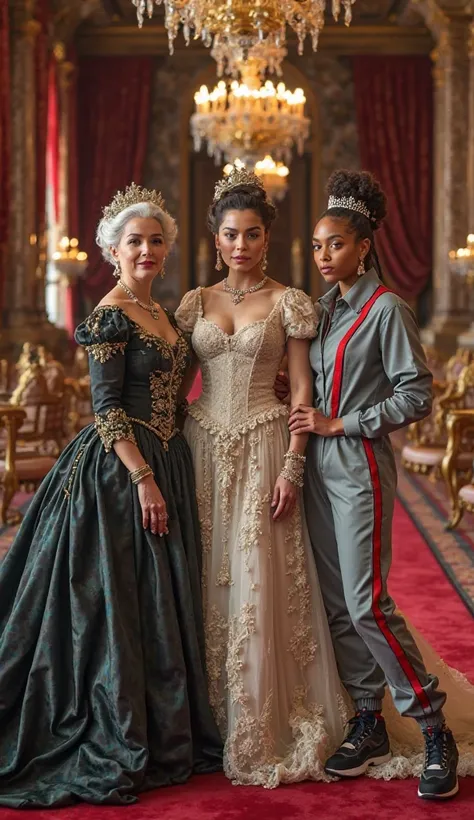 Three Victorian royal women posing in a luxurious palace hall. the grandmother, in his old age, wears a long and elegant silk dress in dark tones, with gold embroidery and a fitted corset, adorned with shiny jewels that highlight his status. His hair está ...