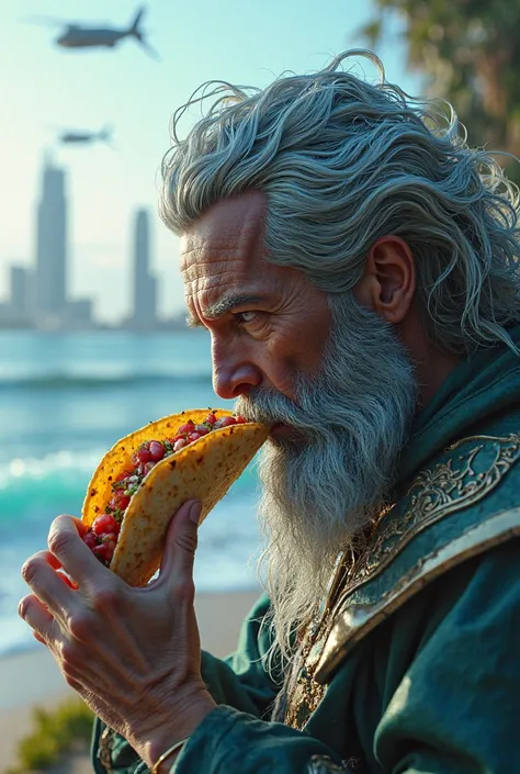 Poseidon from the year 2025 with a left profile eating some tacos