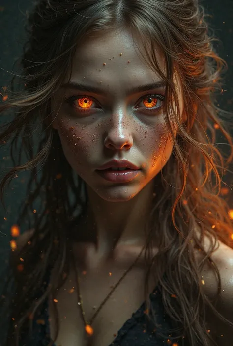 Woman with light brown hair with fire and black eyes