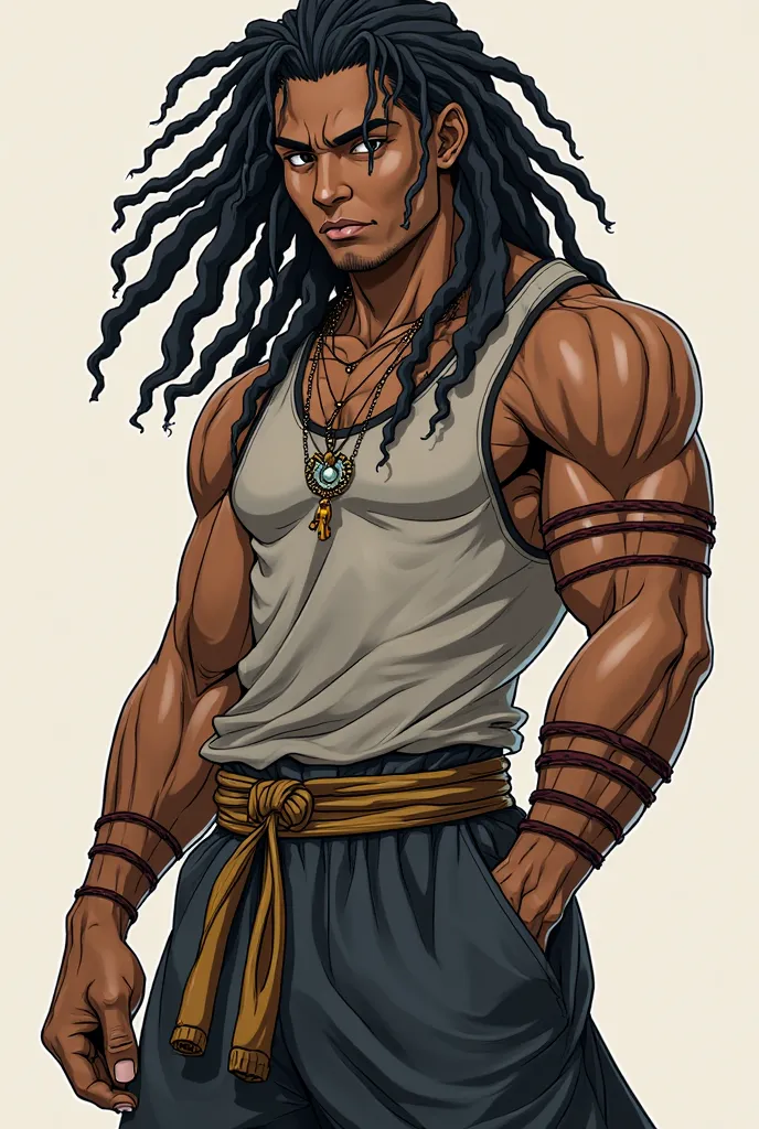 -- A brown-skinned young man with an athletic physique, with approximately 1,70m high. Her hair is long black dreadlocks, falling on the shoulders and some threads on the face, giving an imposing and striking look.  Her eyes are black , intense and express...