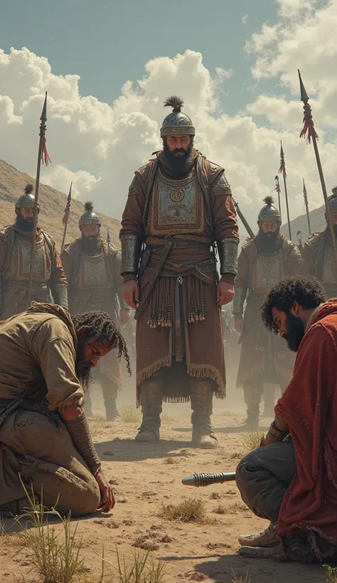 men kneeling in front of a Mongolian army