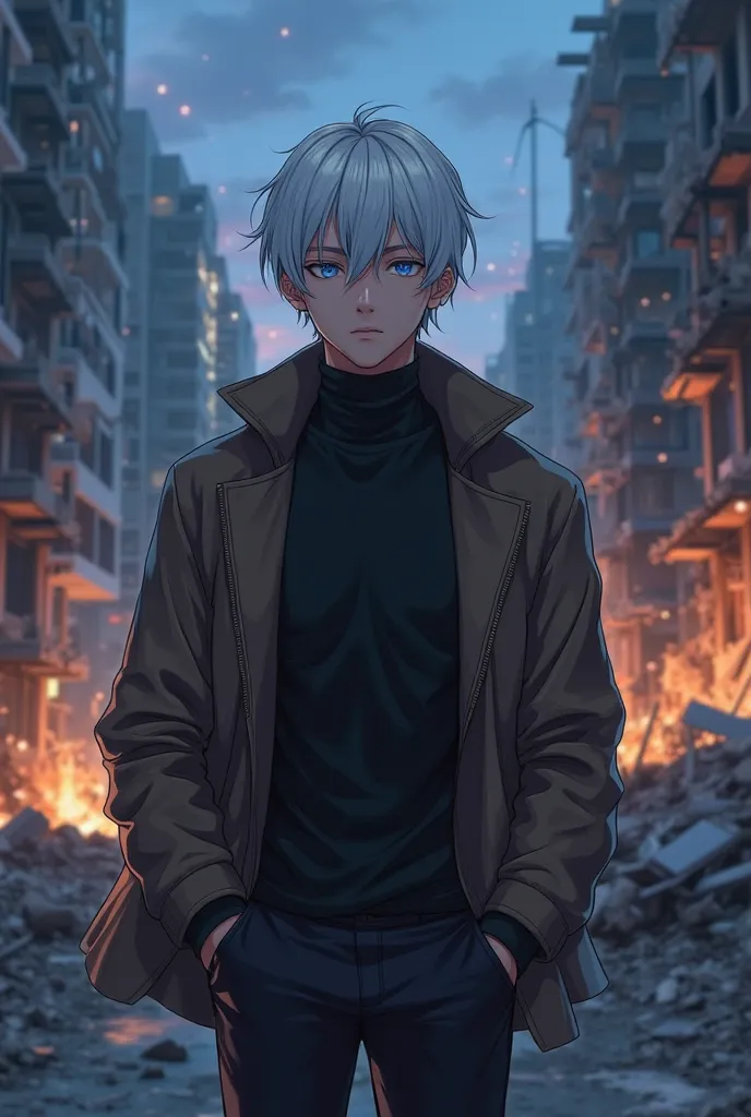 Semi realistic full body anime boy,slanted eyes blue as the sky,white hair with bangs covering her forehead, White Eyebrows , muscular and handsome ,mole on the neck on the right side ,black turtleneck shirt ,with dark brown jacket over it that reaches up ...