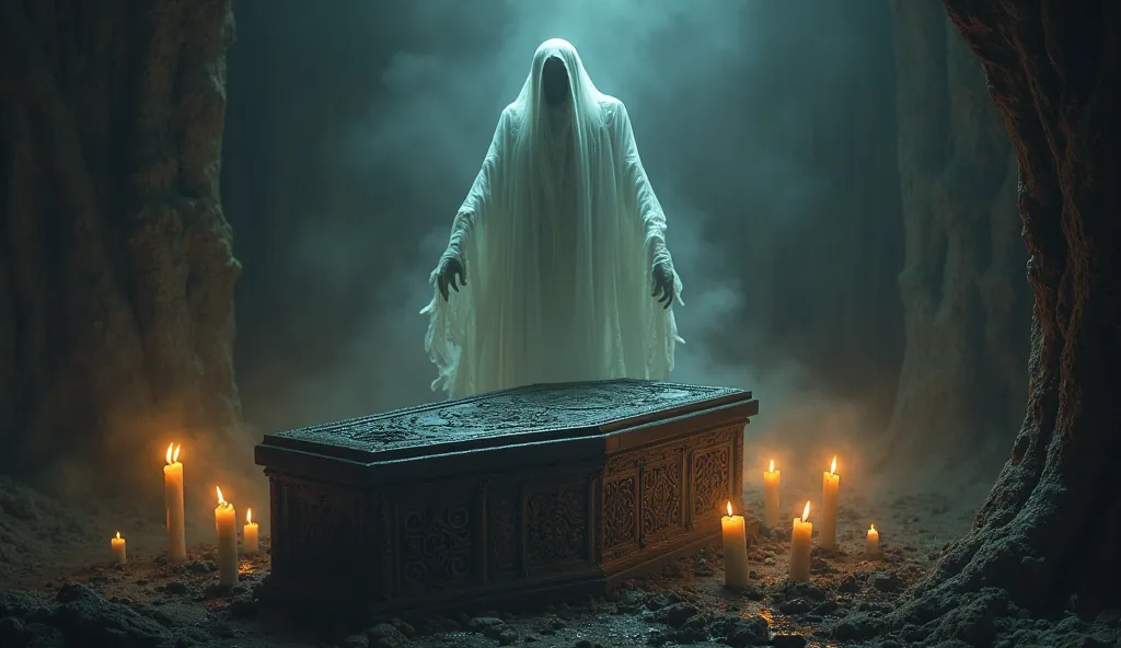 Macabre funeral with a coffin Only with candles, mysterious and scary, sinister and above all a specter looking at it and floating in the air 