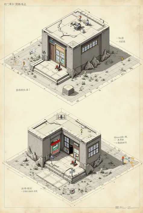 Architectural drawings of the destination of a one-room security building