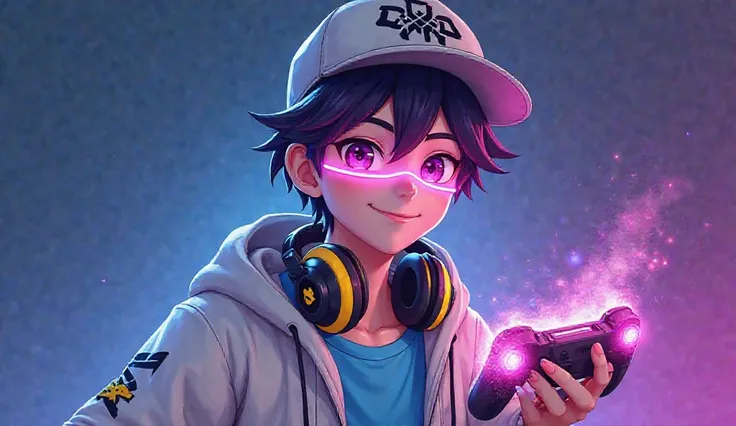 Here is a detailed description of the thumbnail in point form:

1. Character Design:

The character is a young male with anime-inspired features, including large, expressive eyes and a cheerful smile.

He has dark hair and wears a white cap with a logo on ...