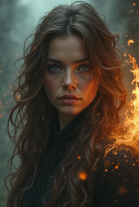 Woman with brown hair and black eyes and with fire in the image