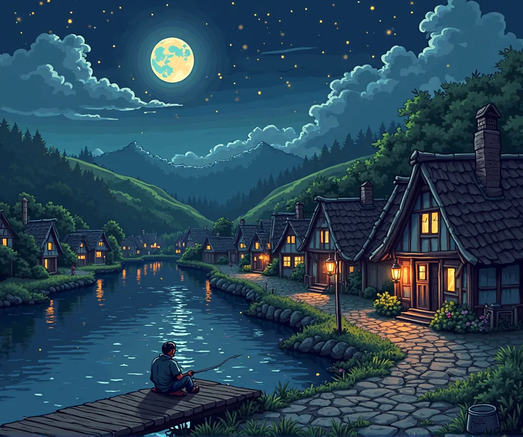 "A pixel art scene of a quiet medieval village by a shimmering lake during a starry night. Small timber-framed houses with thatched roofs line a cobblestone street, their warm candlelit windows glowing. A wooden dock extends into the calm lake, where a fis...