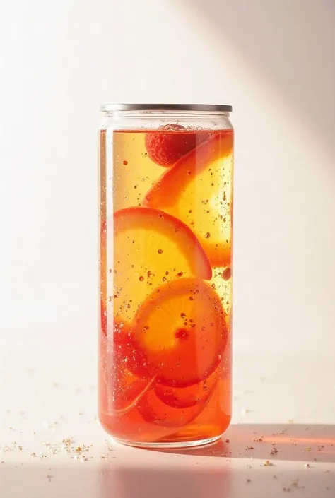 Fruit infusion in a clear, soda-type plastic can.