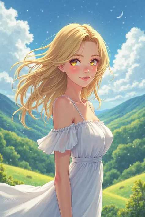 anime style.  A blond girl,  wearing a white dress,  golden eyes, with a friendly look and a beautiful landscape in the background. That you seem to be about .