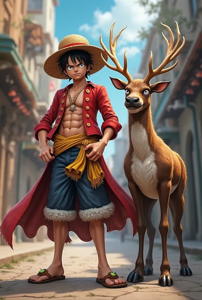 A realistic male strong,  inspired by Luffy from One Piece , in a powerful full-body pose. He has messy black hair with a straw hat on his head and a determined expression., wearing his classic red pirate costume and right next to him an anthropomorphic re...