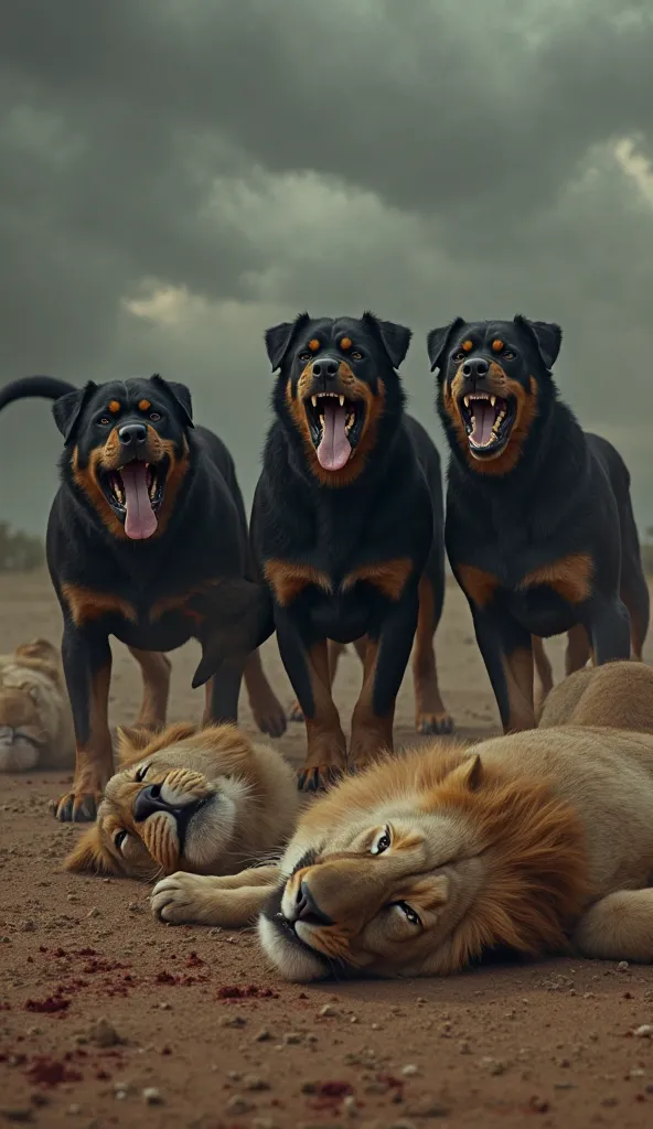 "A highly realistic and intense scene showing a group of powerful Rottweilers standing aggressively over fallen lions lying on the ground. The Rottweilers have fierce, angry expressions, their sharp teeth bared, and their eyes filled with dominance and agg...