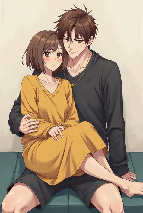 Anime drew a 16-year-old girl with short hair, brown skin, 33, 155 tall, yellow clothes on the lap of her lover, who is 26 years old, has an average height of 70, brown hair, brown eyes, and white skin and white skin and wears black clothes  