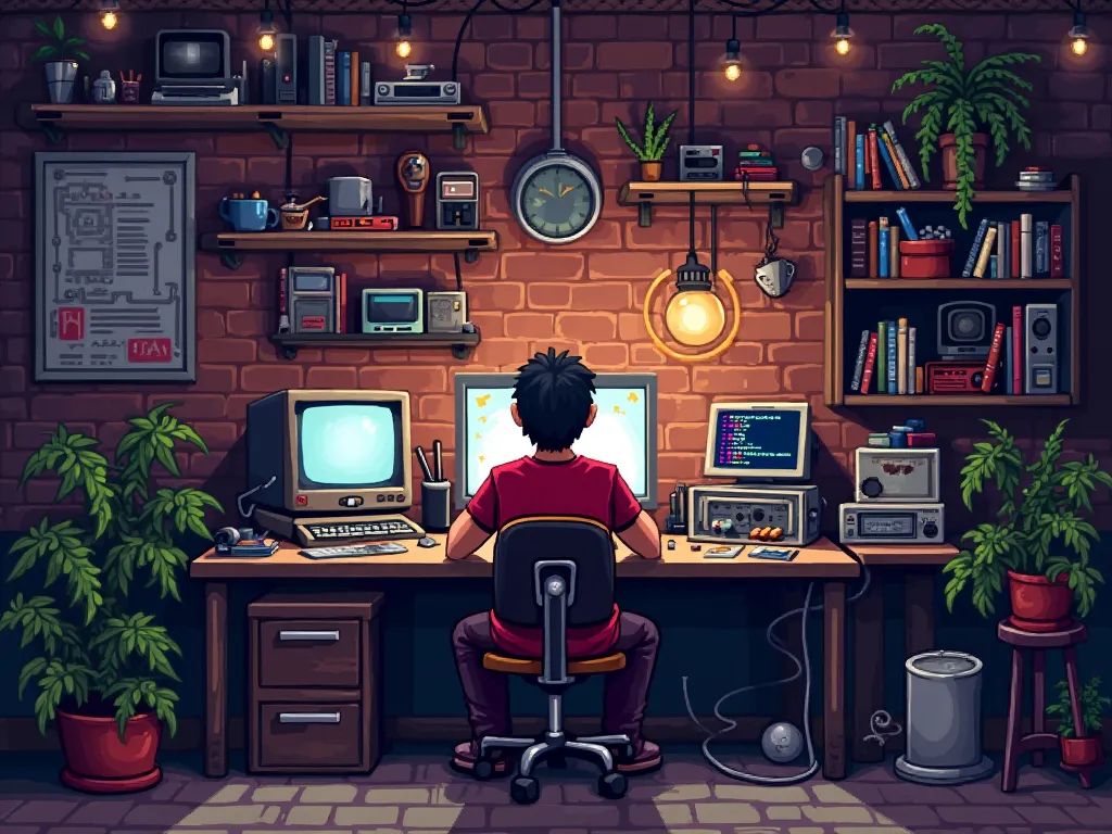 A pixel art scene of a programmer or developer sitting at a wooden desk in a cozy, dimly lit workspace. The person, seen from behind, wears a red t-shirt and sits on a vintage-style chair. The workspace has a warm ambiance with brick walls, hanging lights,...