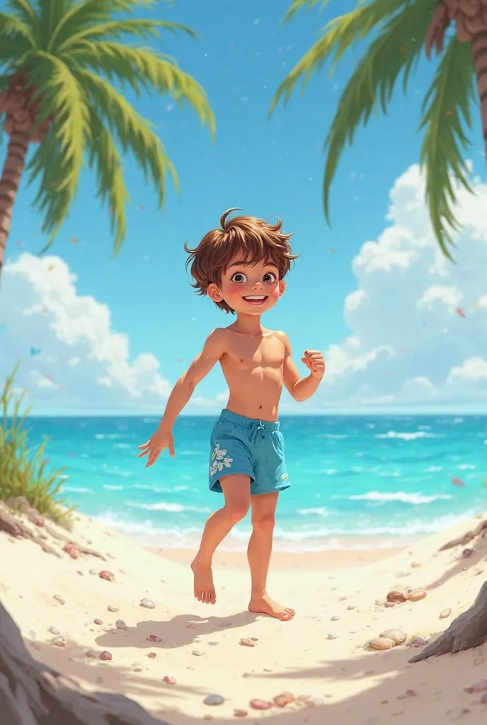 A  boy on a white beach wearing a 45-weight swimsuit