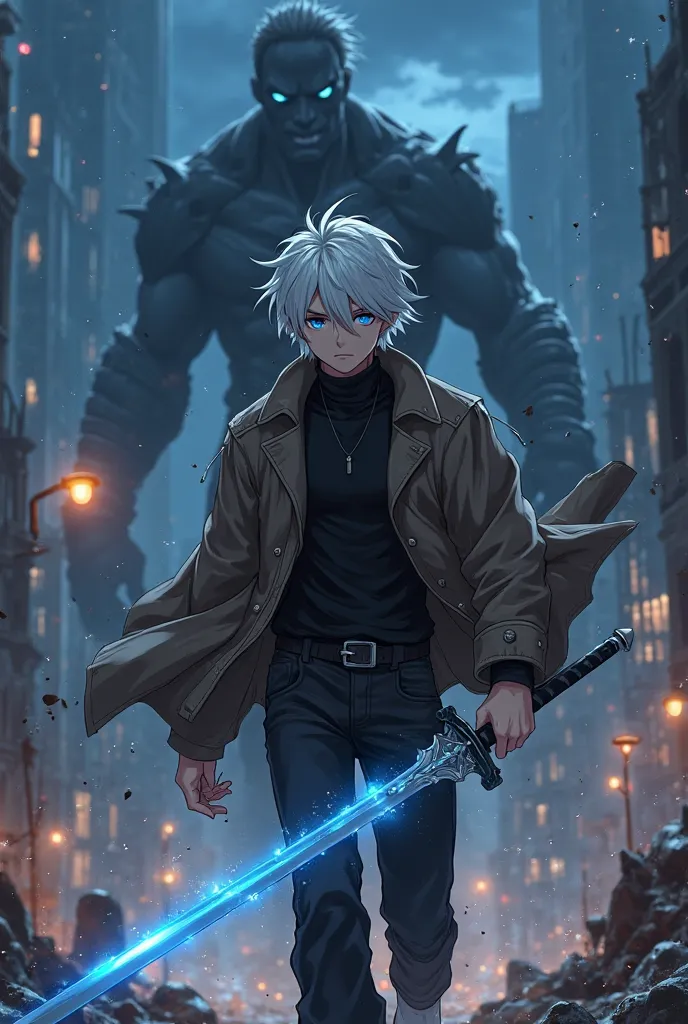 Semi realistic full body anime boy,Slanted eyes as blue as the sky with a blue flash,white hair with bangs covering her forehead, White Eyebrows , muscular and handsome ,mole on the neck on the right side ,black turtleneck shirt ,with dark brown jacket ove...