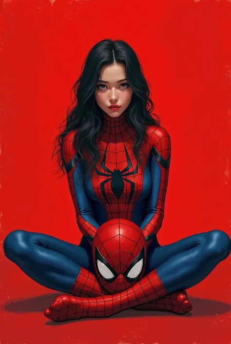  a  , ,  white skin, straight wavy black hair , with spiderman clothes , With the Spider-Man mask in his hand, sitting on the floor,  red background 