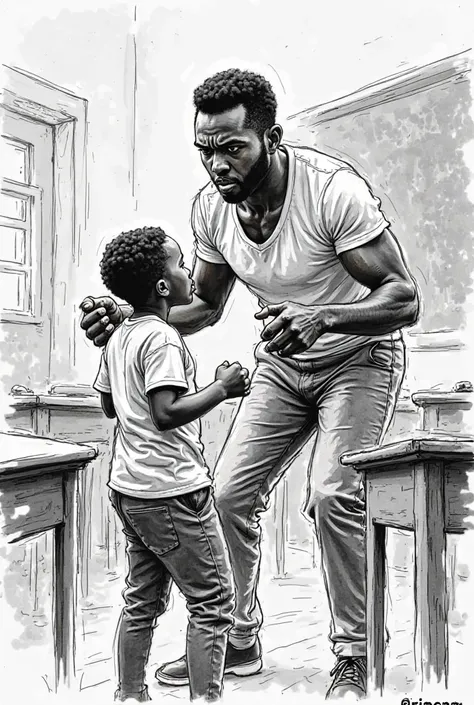 Black and white illustration sketch that shows an African teacher talking very hard angry with a student in his classroom