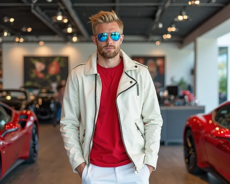 22 year old man,  short, light blond hair wet backwards, bright blue eyes, marked jaw, Viking beard and wears blue sunglasses and wears a white Ferrari leather jacket and wears a red t-shirt and white pants and inside a Ferrari store 