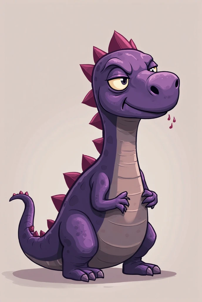 Generate a picture of a cartoonish dark purple dinosaur, as if it ennui were pining, bored, disgruntled