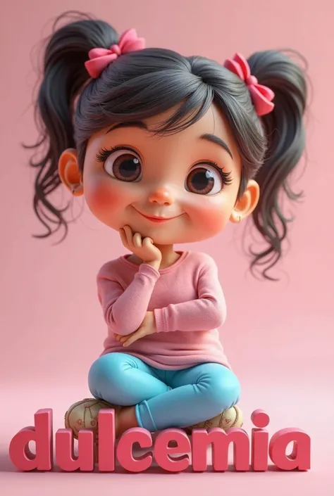 Cartoon of a  girl smiling with her hand on her chin, dressed in a pink shirt and blue pants sitting on the word DulceMia in super realistic 3D HD 