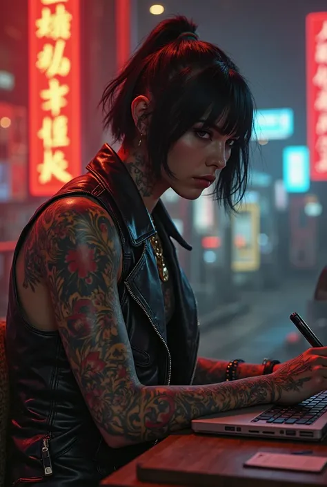 a cyberpunk 2077 dude that is a tattoed Samurai cowboy that is a psychologist and is working on his office, which has a cyberpunk Japanese style, and is working on a case with a tattoed latina badie with a bob cut 