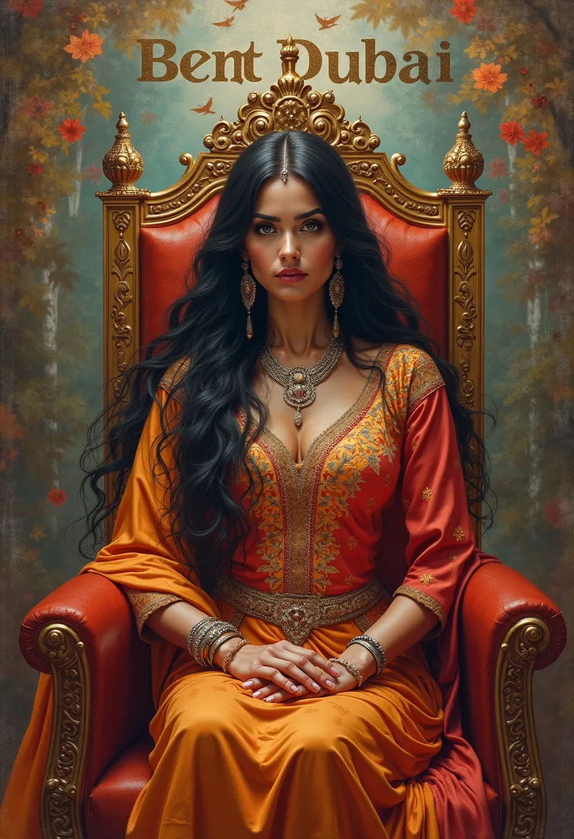 queen sitting on a throne,with clear facial details, black hair ,wearing Emirati dress,behind her written Bent Dubaï,Rustic ,Landscapes,Works of art,really, highly detailed ,4K,HDR, Oil painting ,studio lighting,High contrast, straw hat Bright colors ,Harm...