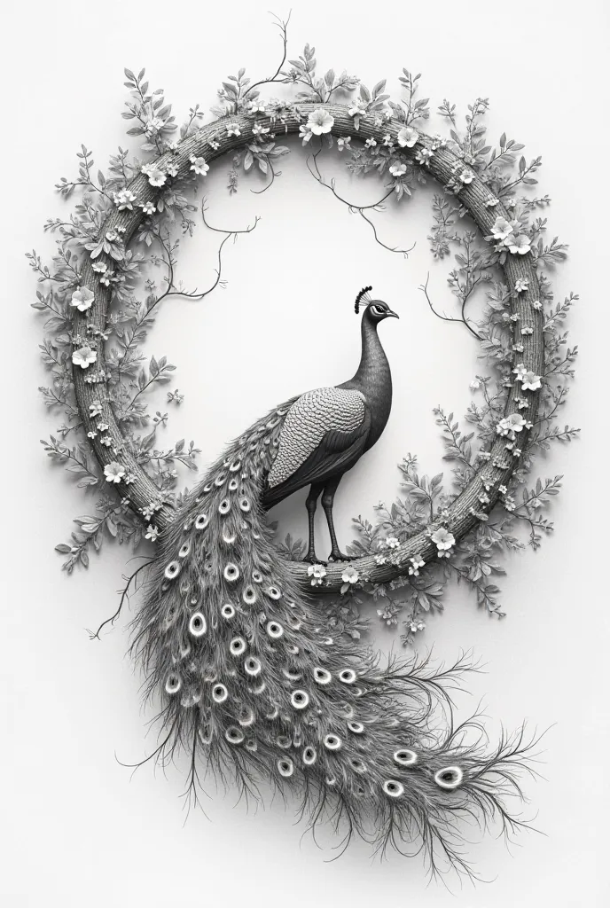 pencil drawing relief image effect. An artistically competently drawn peacock with an artistic artistic tail sitting in a circle. vines and flowers around.  wall in the interior