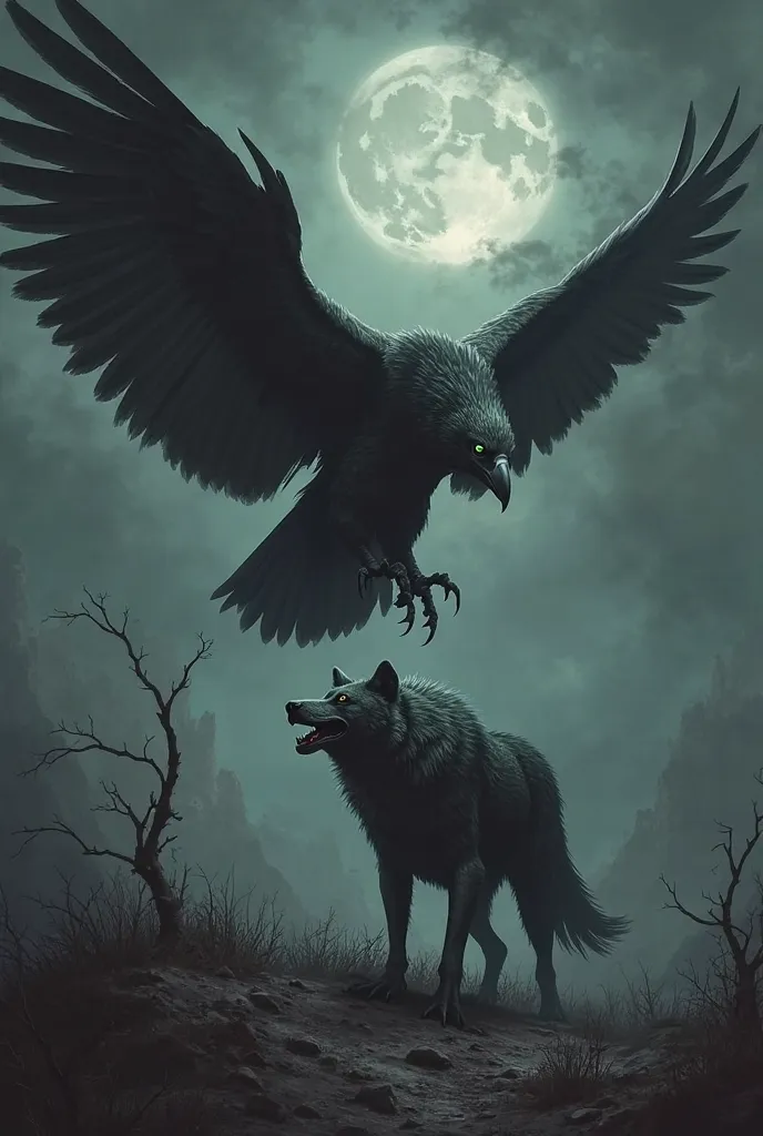 Gothic image of a vulture stalking a wounded wolf 