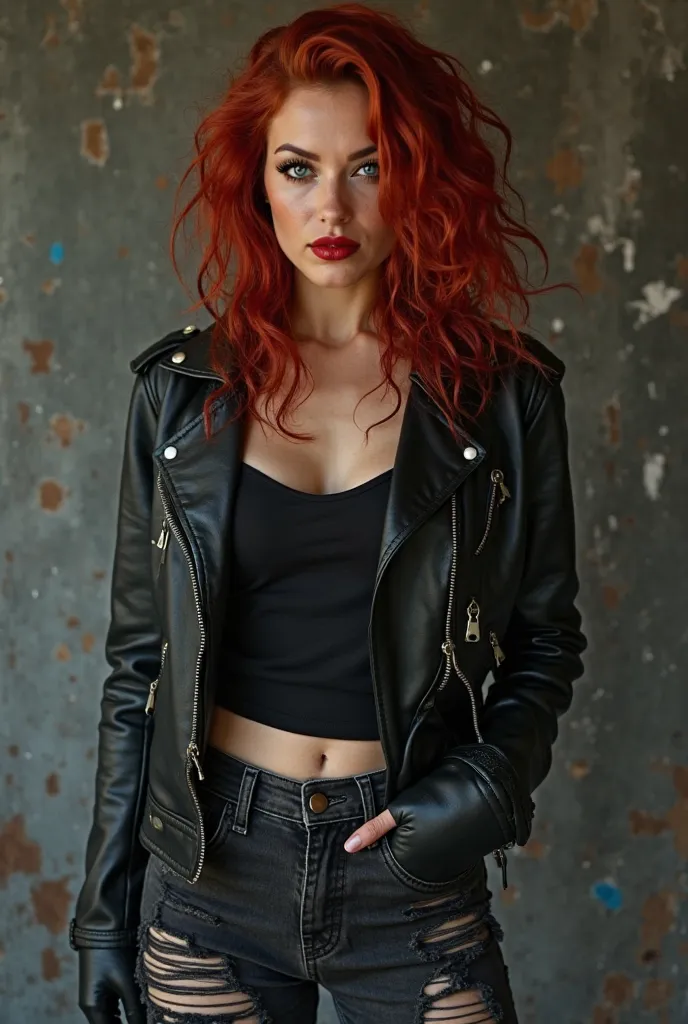 beautiful european bimbo sexy woman, A fierce, red-haired woman with wild, shoulder-length curls, wearing a black leather jacket, ripped dark jeans, and heavy combat boots. Her dark eyeliner and crimson lipstick match her intense presence.