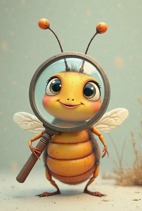 Cartoon insect looking at the camera with a magnifying glass