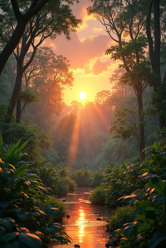 Pleasant sunset in Amazon jungle surrounded by beatful Nature 