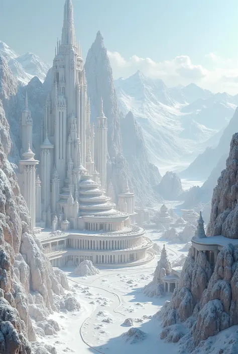 Glorious white marble city in Roman-futuristic style that is reminiscent of gondolin, The city is in a distance, Flat valley surrounded by mountains 