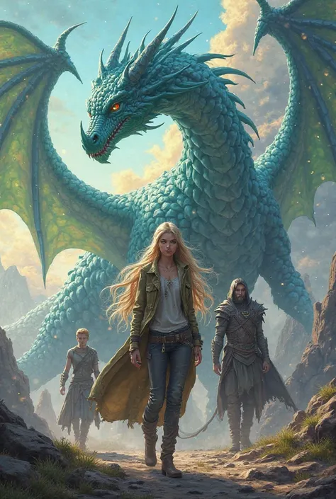 A woman from Basgiath was college with long blond hair, blue eyes and casual clothes, Next to her Aaric Graycastle (onyx storm) and behind them a gigantic green dragon and a gigantic blue dragon