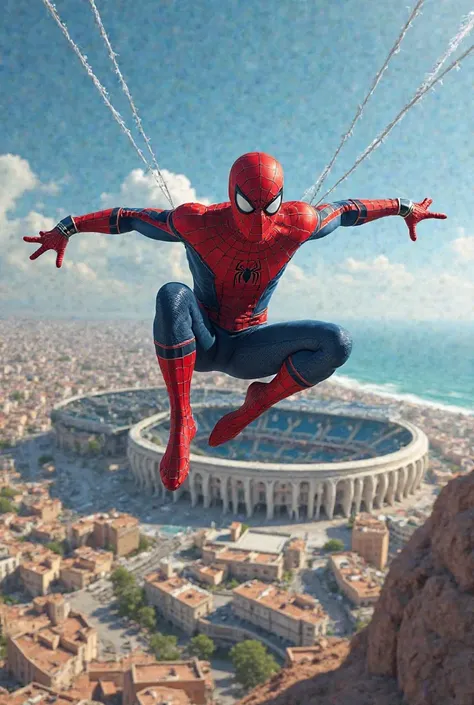 A picture of Spider-Man at the top, and below it is the Abdi Stadium in El Jadida, Morocco