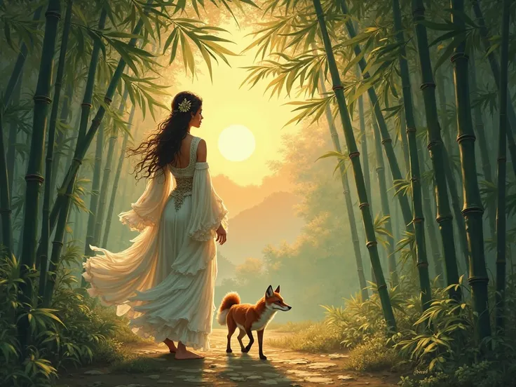 The goddess goes to the hut with the fox following her into a clearing in the bamboo forest against the setting sun