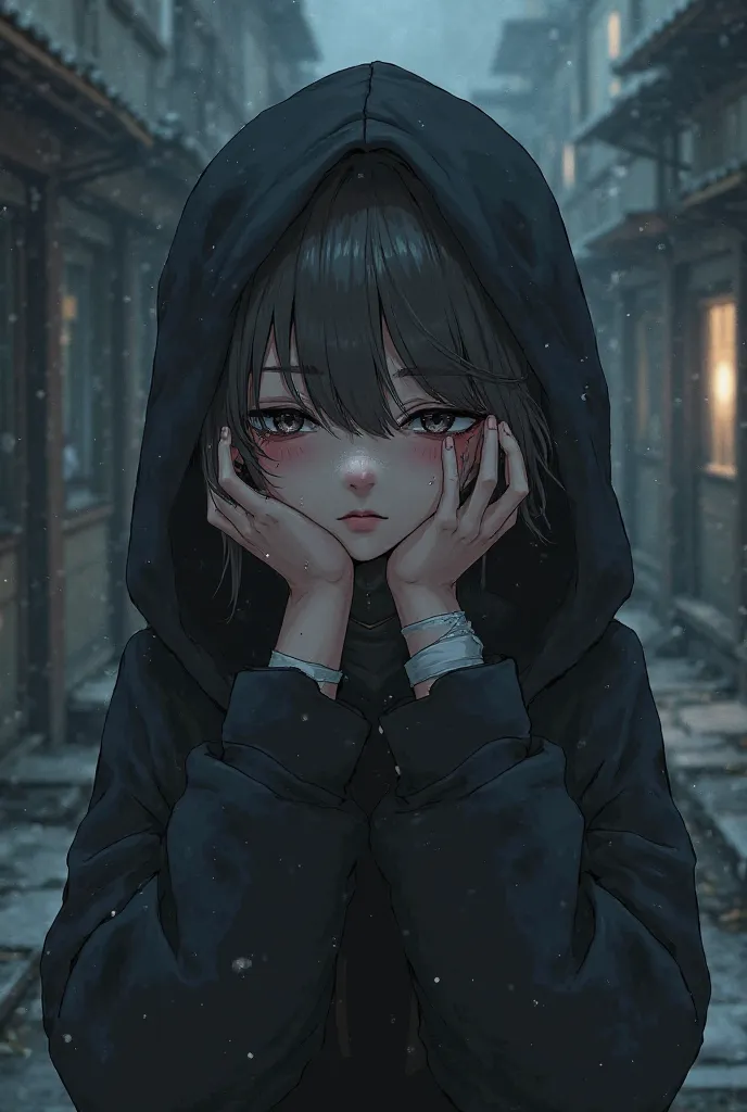 Create a short emo boy with bandages on his hands who wears a hood and looks like a femboy but you can give him anime style