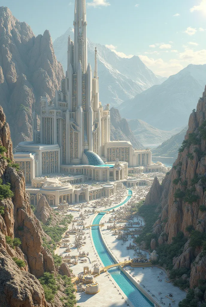 Glorious marble solar city in Roman-futuristic style that is reminiscent of gondolin, city is located in a large, Far, Flat valley surrounded by mountains 