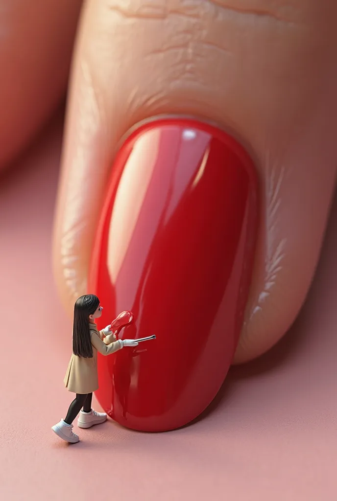 Create a realistic 3D image in Disney style, Close-up of a finger with an extra long nail, painted in a bright red color with a glossy finish. On the surface there is a human female figure with long straight hair, with all human features, dressed in tight ...