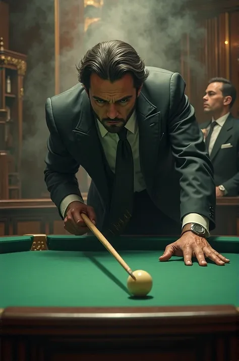 Mafioso playing billiards.
The mobster has slightly long hair, It reaches his ear and has a short beard