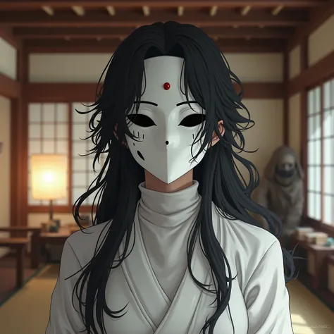 A character with a mysterious and enigmatic presence with anime-inspired features. The individual wears a thick, stylized white anime mask that completely and seamlessly covers the entire face, leaving no visible eyes, nose, or mouth, as the mask obscures ...