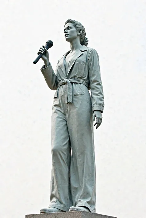 A women statue of a journalist holding a microphone and showing freedom white background 