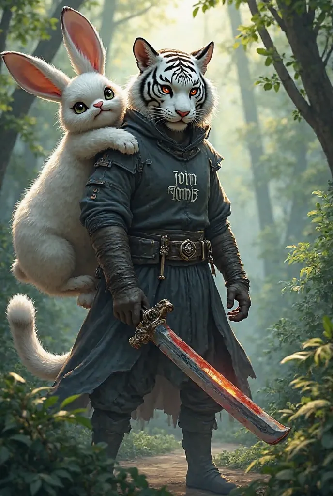  Assassin White Tiger with guandao sword with   "Join TMNB" on his chest and have  Huge cute rabbit having biting his back. Jungle background 