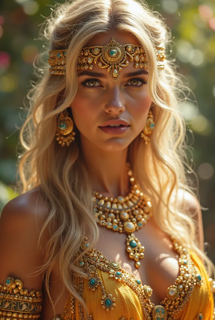 Create an image of ancient gold jewelry worn by a beautiful woman with golden eyes and blond hair 