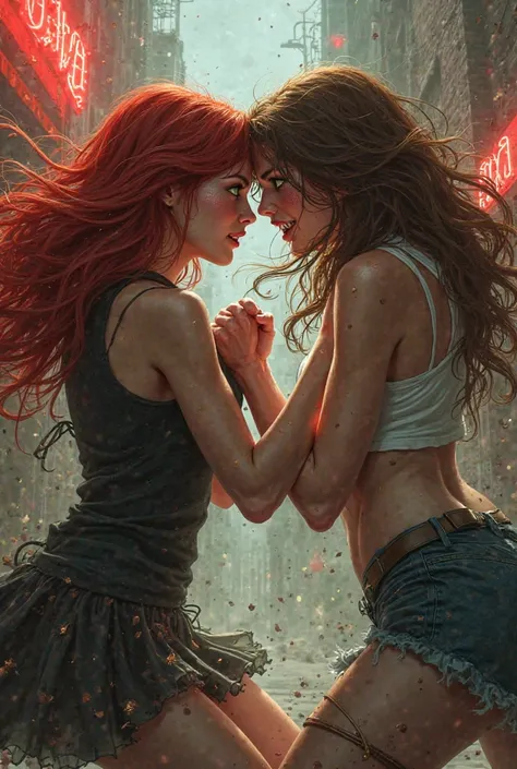 Draw two girls, one  little redhead and the other  beautiful brunette who are fighting